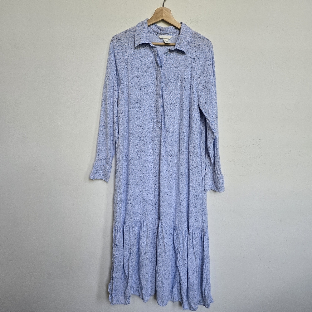 H&M Blue Floral Midi Dress Viscose Collared Long Sleeve Shirt Dress M - Picture 7 of 17